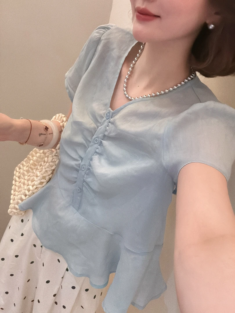 老赵服饰 法式褶皱V领荷叶边显瘦减龄衬衫上衣21AU3721