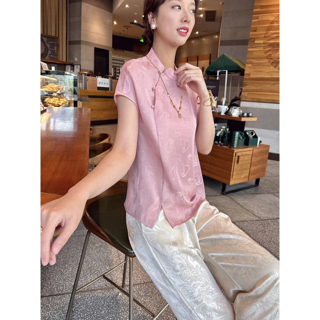 【深圳罗依】原创真丝衬衫女桑蚕丝三经绞罗提花新中式立领短袖上衣