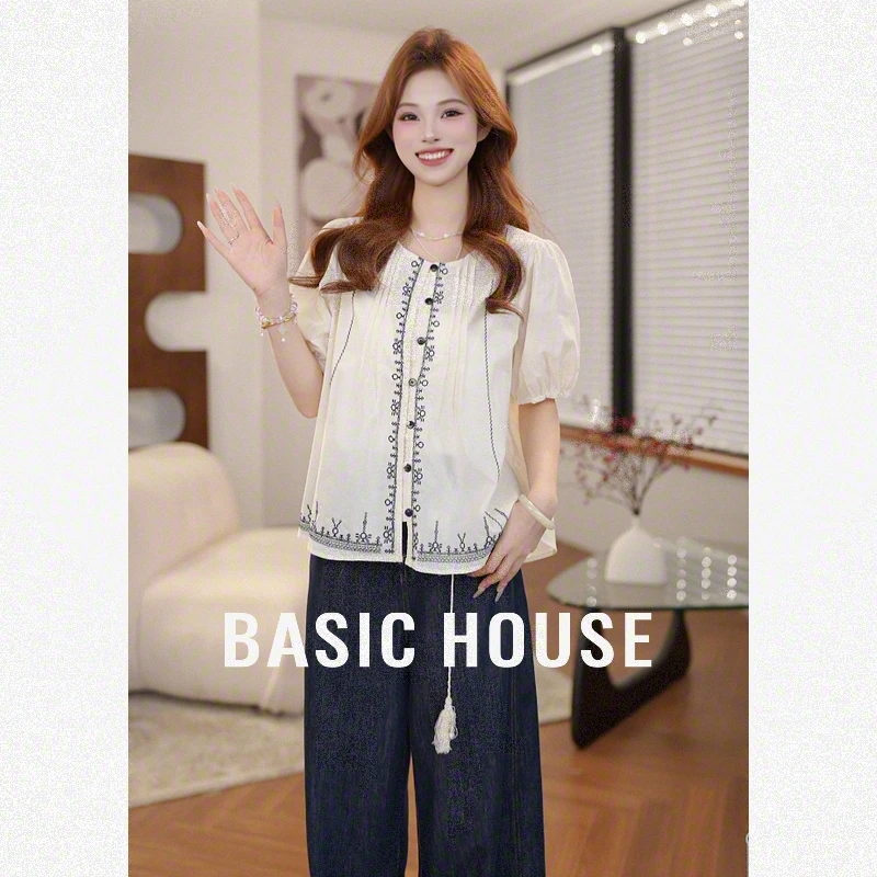 Basic House/百家好夏季新款欧若风时尚宽松复古显瘦衬衫B5R532