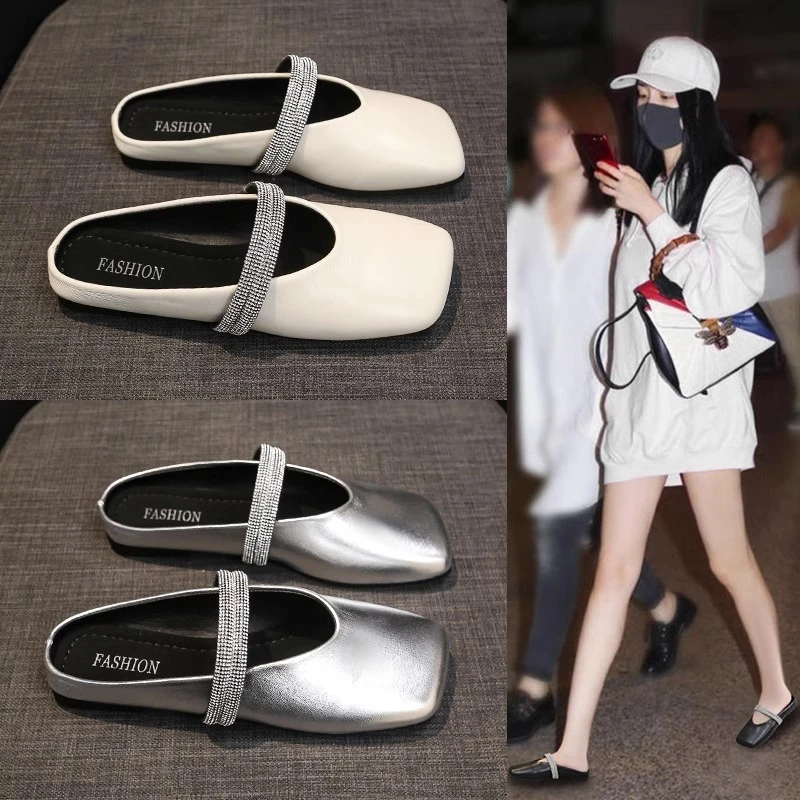 2025春夏新款方头包头半拖鞋女外穿平底软底休闲懒人单鞋ins超火