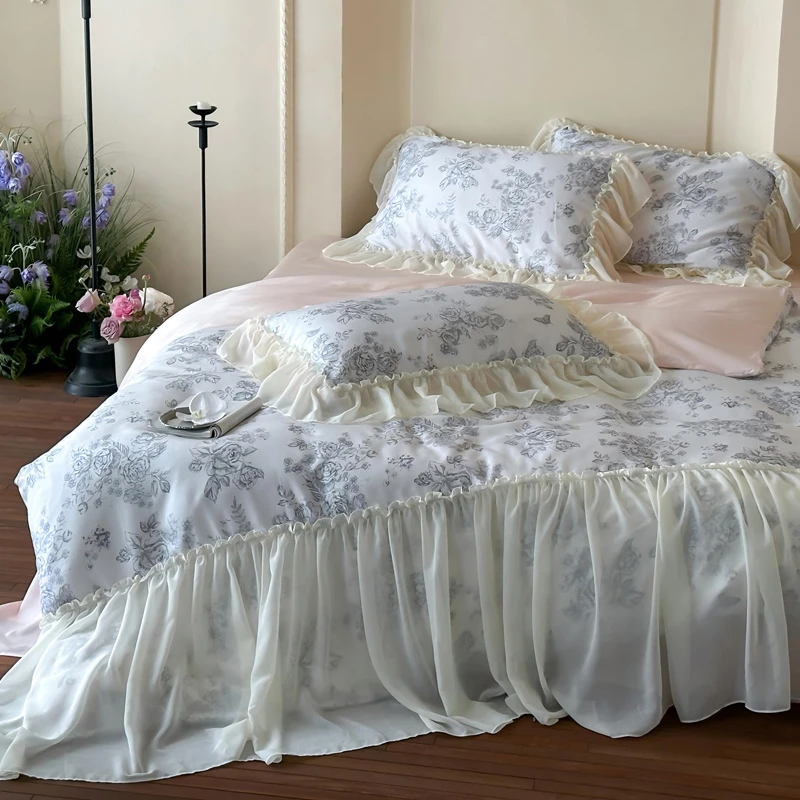 法式公主风莱赛尔纤维四件套雪纺花边凉感被套床单床笠款床上用品