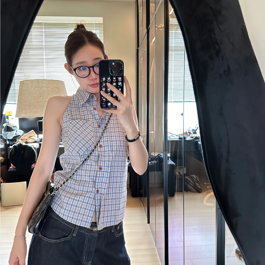 LA 撞色格纹 暗门襟 翻领无袖 衬衫背心 26499