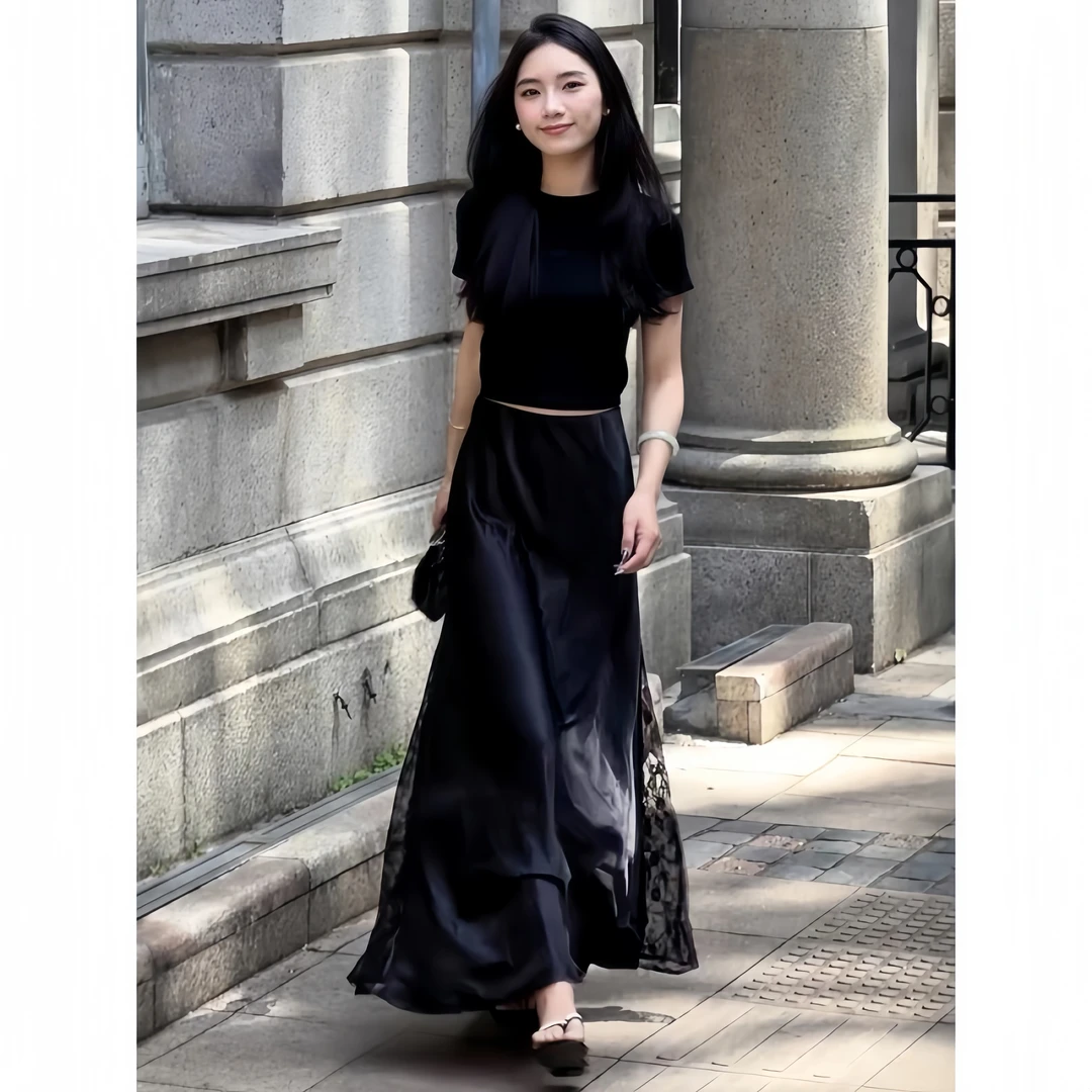 法式轻奢高级感穿搭套装女后背镂空黑色T恤＋缎面拼接蕾丝半身裙女