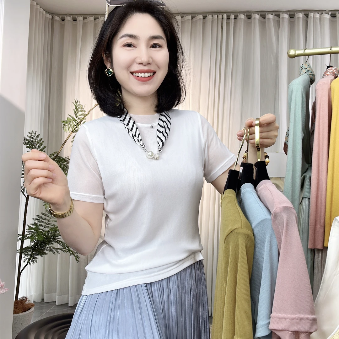 2025春季新品时尚百搭修身显瘦设计感圆领显瘦女士短袖上衣9333