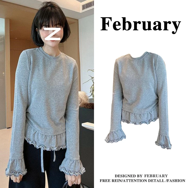 大码百搭法式木耳边长袖t恤女2025秋季新款小众正肩打底上衣-5645