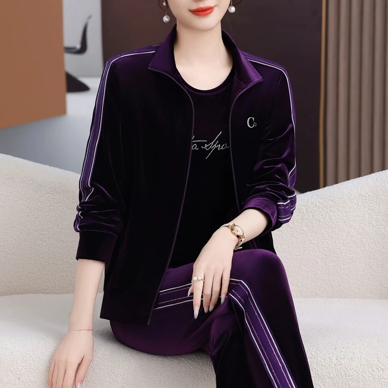 金丝绒休闲运动服套装女2025春秋新款早秋时尚减龄卫衣外套三件套