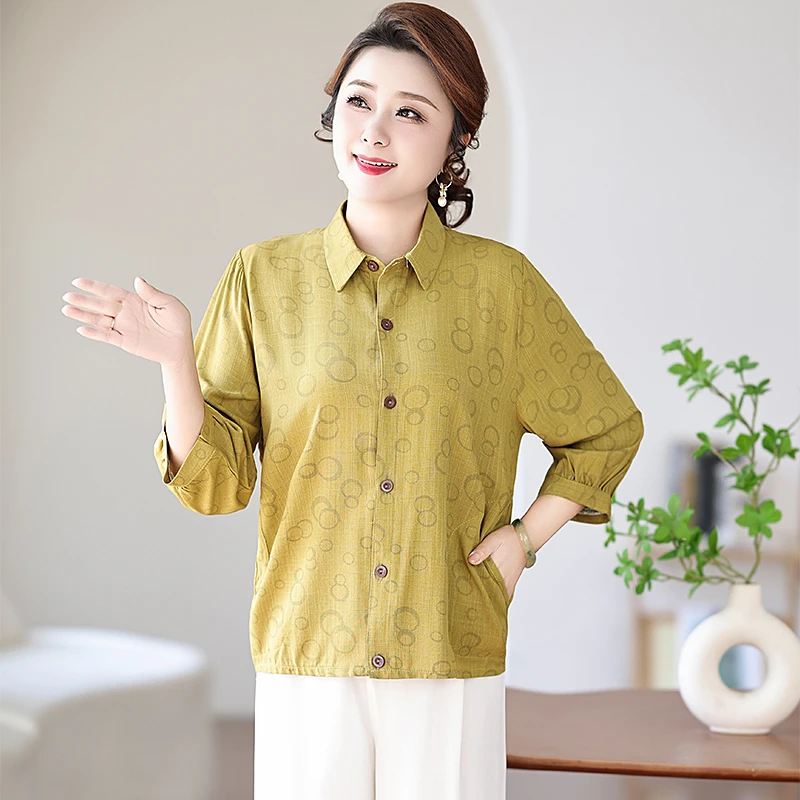 （带口袋）夏款新款印花五分袖衬衣中年女士夏季薄款衬衣妈妈装上衣