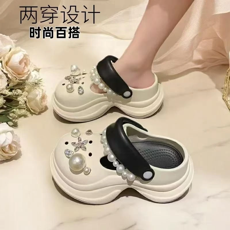 厚底增高珍珠新款小蛮腰洞洞鞋2025夏季外穿超火水钻百搭沙滩拖鞋