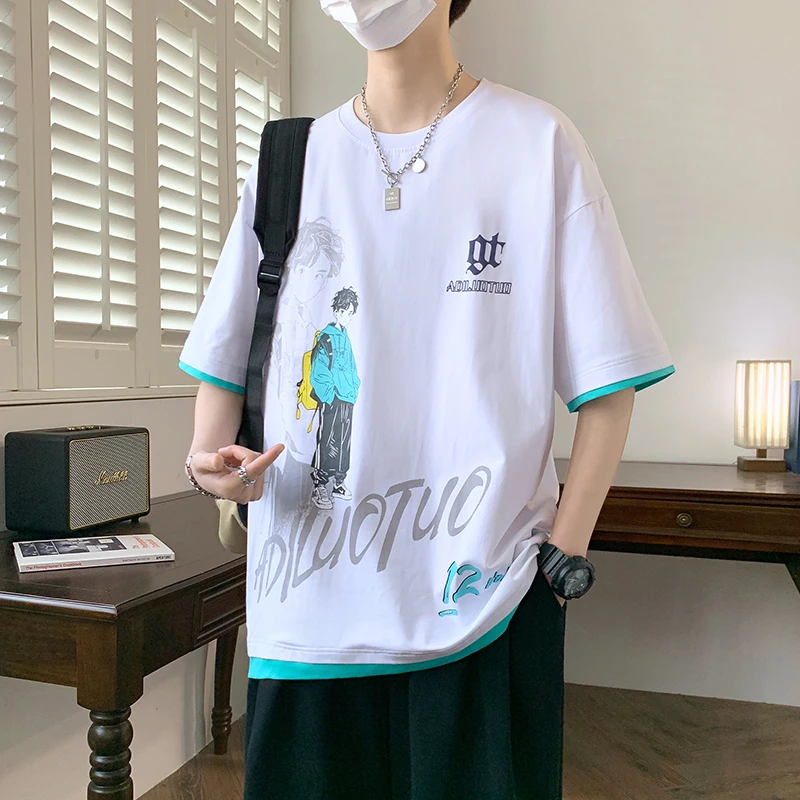学生百搭印花五分袖上衣半袖休闲短袖青少年夏季初高中生T恤男装