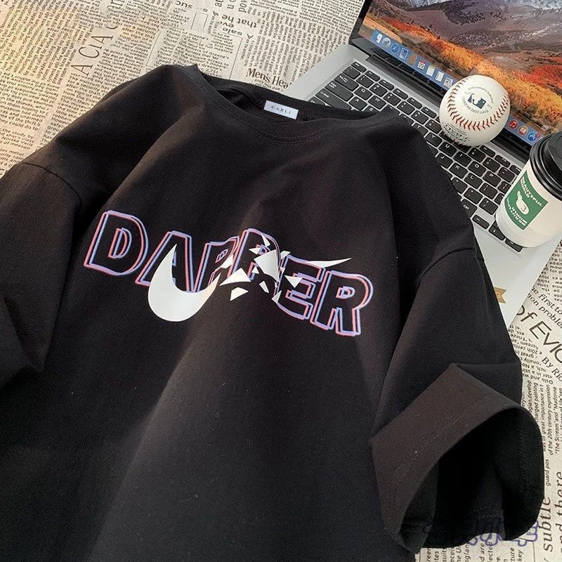 100%纯棉300克重磅百搭圆领宽松潮牌上衣夏季新款短袖T恤字母印花