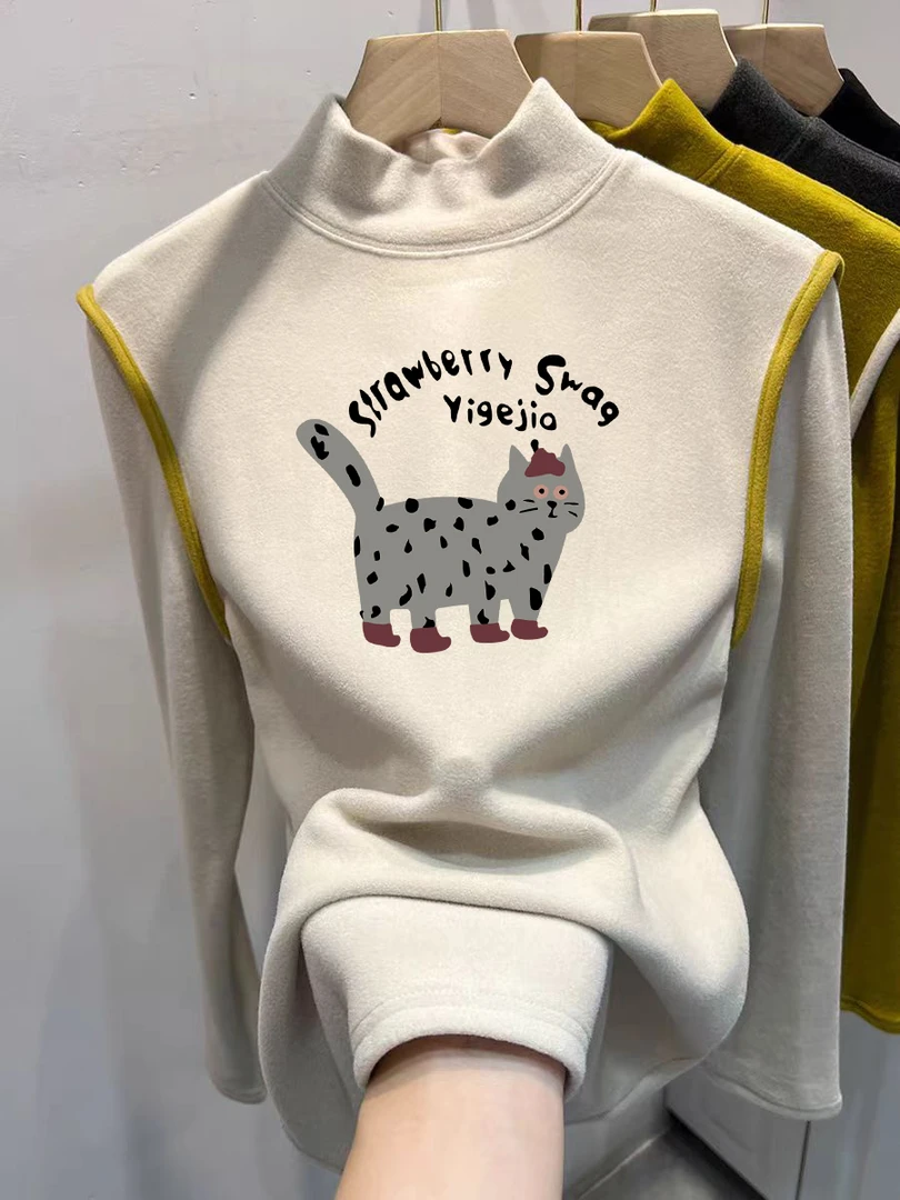 欧货双面德绒半高领撞色长袖T恤磨毛打底衫女冬修身内搭保暖上衣