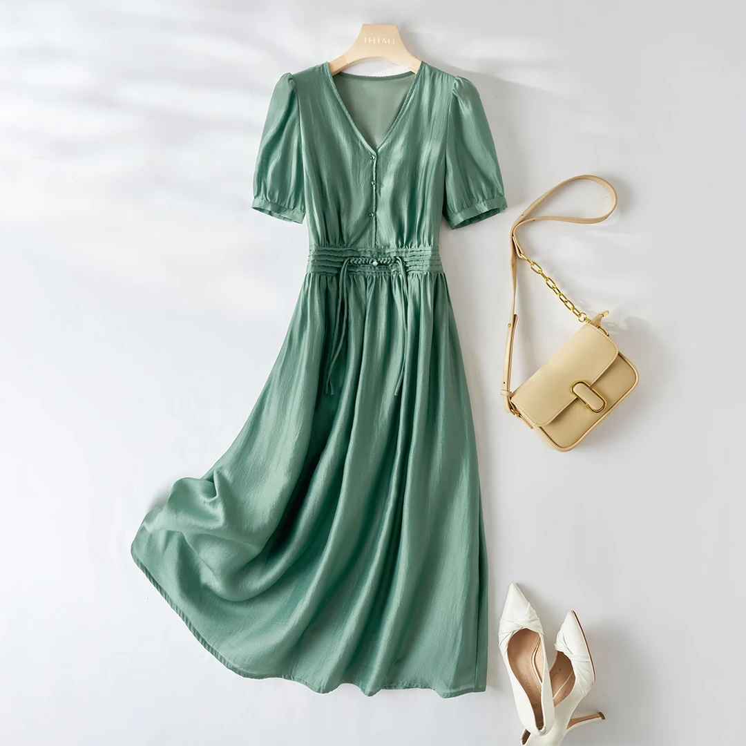 IHIMI2025年夏新款女装简约时尚气质V领轻国风优雅盘扣连衣裙1581