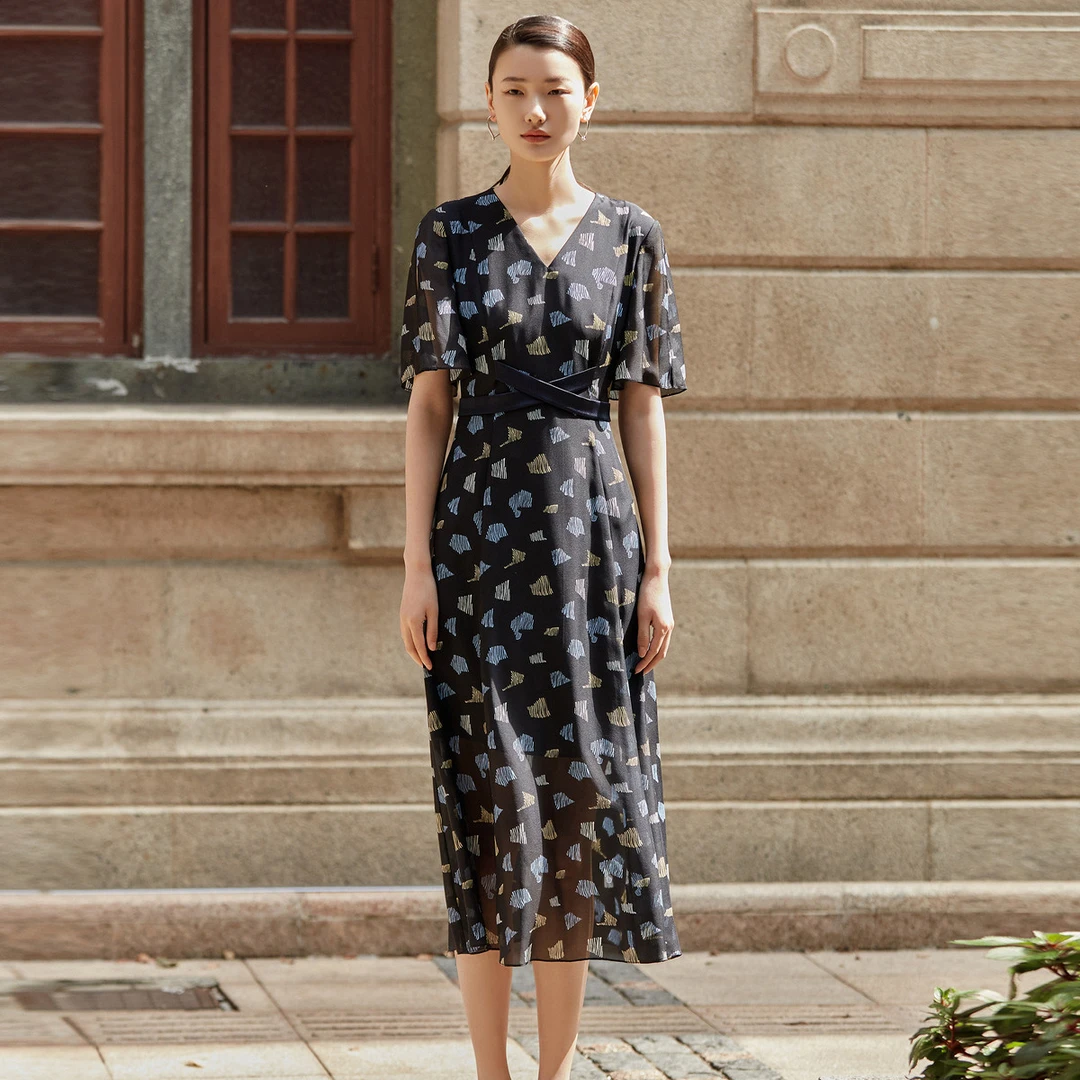 【岚岚专属】【含桑蚕丝】夏休闲短袖收腰显瘦印花女中长连衣裙