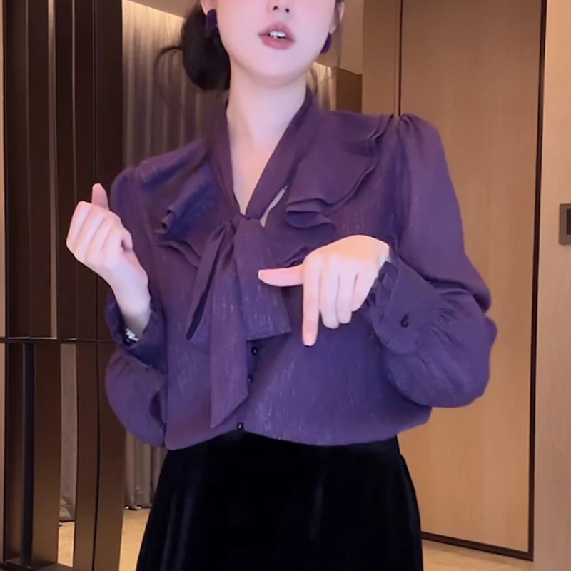 紫色长袖v领衬衫女士2025秋季高级感气质减龄宽松显瘦荷叶边上衣