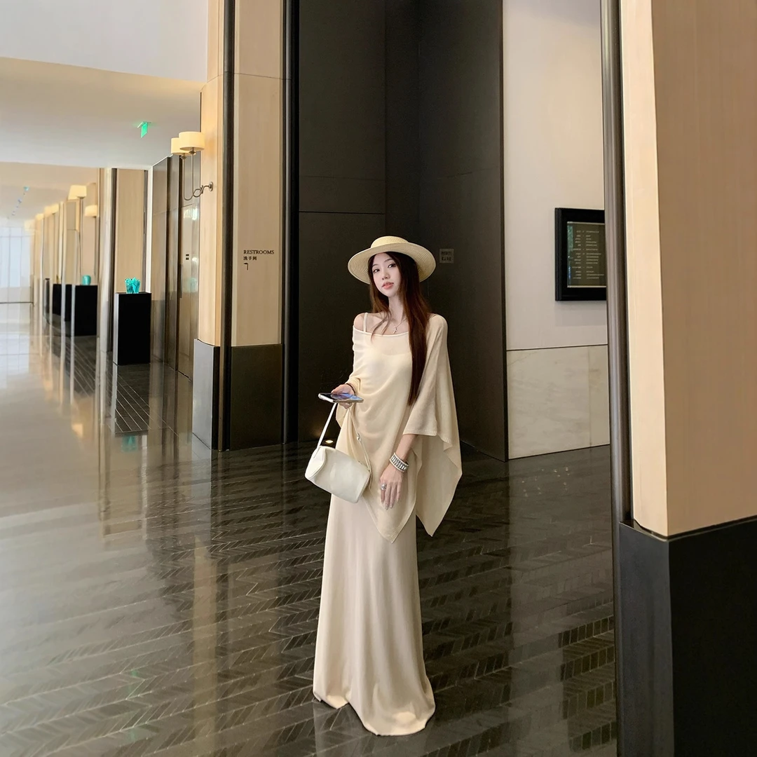 2025年清透美人莱赛尔凉感针织吊带连衣裙女+气质披肩罩衫套装