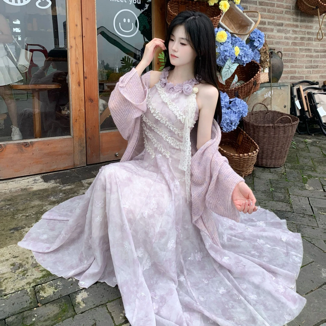 Blovelan烟雨丁香 绝美立体紫色花朵挂脖设计感连衣裙