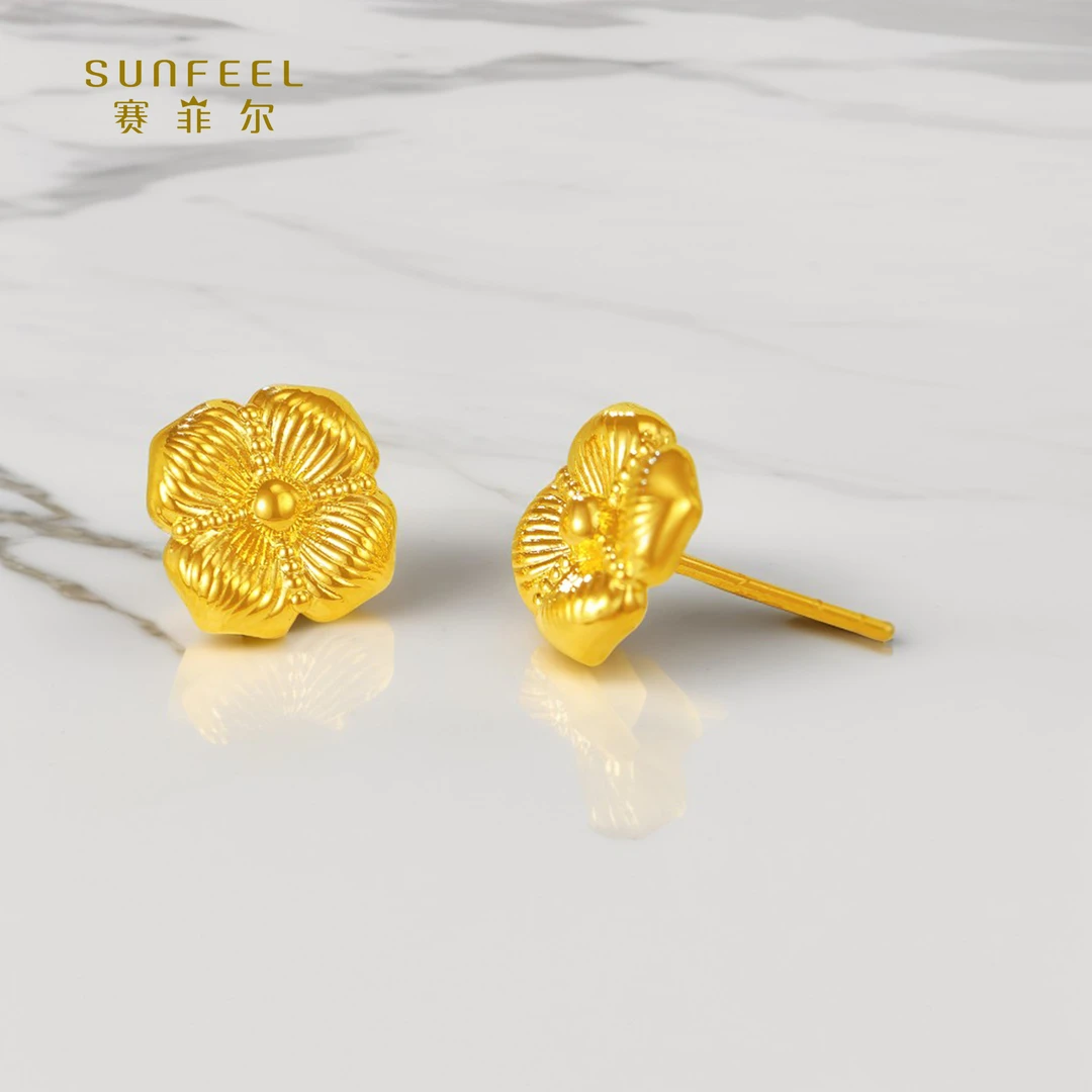 SUNFEEL/赛菲尔【二十三店】足金5D金艺术四叶草耳钉5DE00411