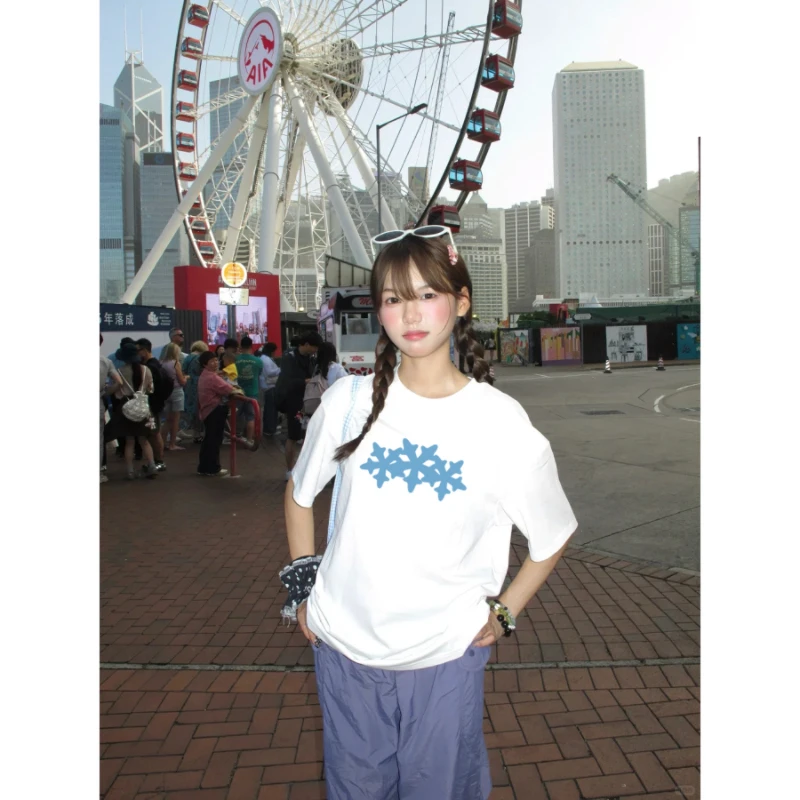 新款夏季纯棉藏青色短袖T恤女落肩小个子重磅圆领宽松百搭半袖ins