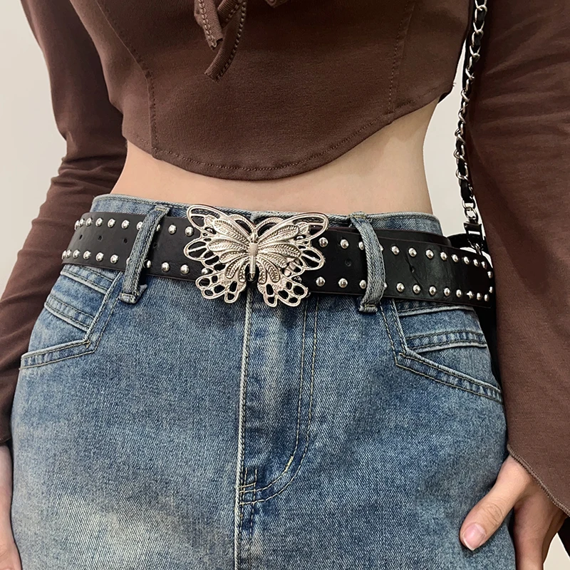 新款蝴蝶辣妹高级感宽腰带女士ins风皮带小众黑色装饰牛仔裤潮流