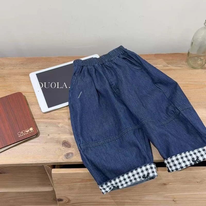 儿童夏季薄款软牛仔裤男女童格子翻边长裤夏装洋气宽松防蚊裤潮流