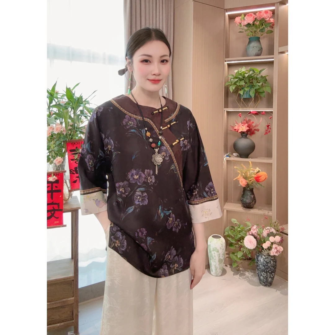 【晚矜】春季2025新款上衣小衫新中式女装国风中长款七分袖衬衫