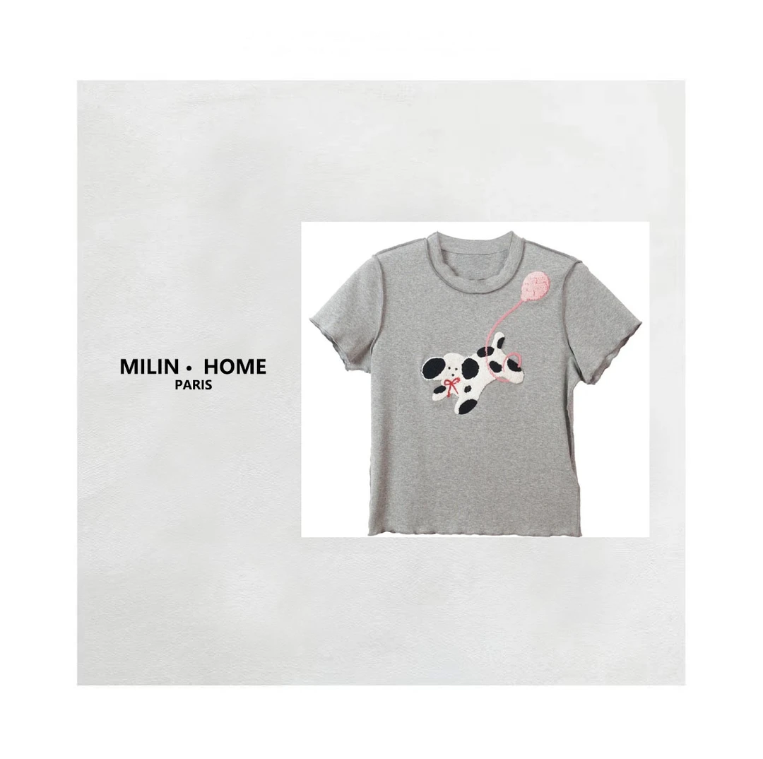 【多多专属】小众设计气球小狗休闲修身印花短袖T恤女夏季2025新款