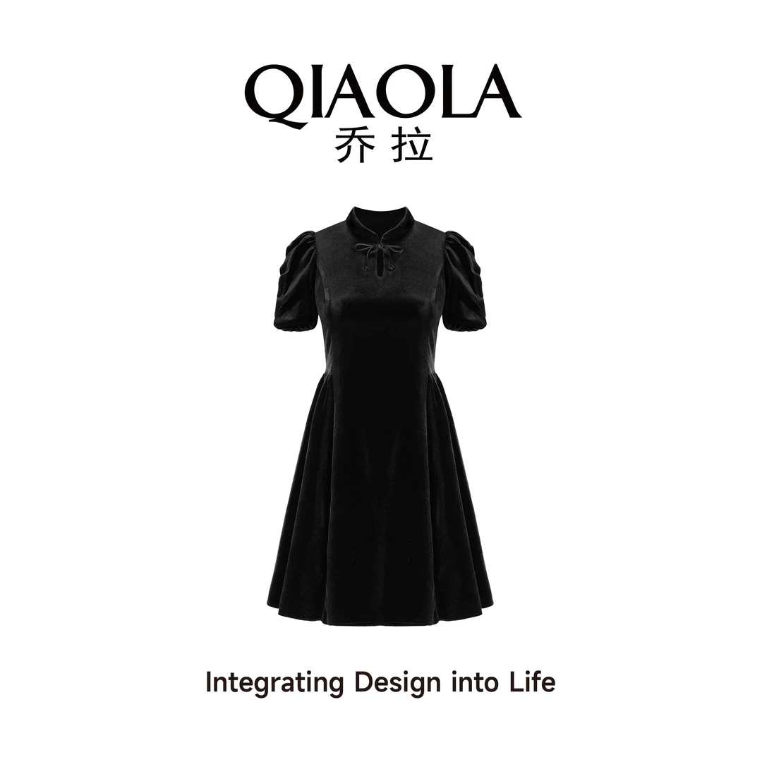 QIAOLA/乔拉【暗色宝石】夏季丝绒小立领盘扣A字遮肉显瘦连衣裙预售
