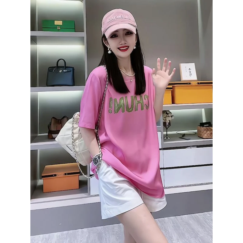 时尚休闲短裤穿搭一整套新款粉色减龄印花宽松套头短袖两件套