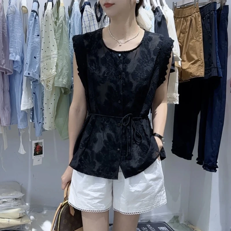 韩系蕾丝提花系带收腰无袖衬衫女2025夏季新款设计感气质显瘦上衣