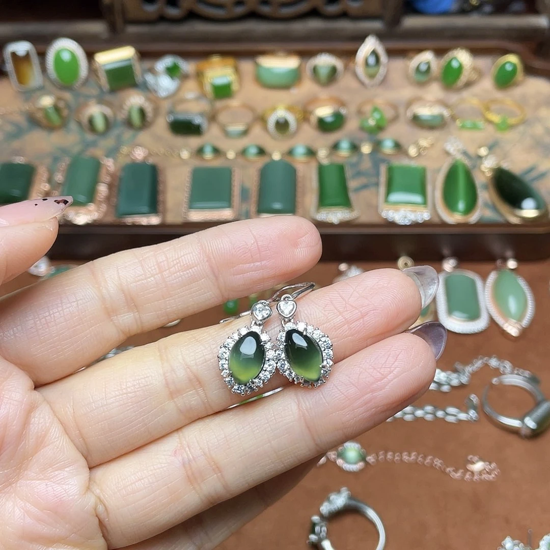 千***牵和田玉（碧玉）银S925镶嵌吊坠(不含链)耳环