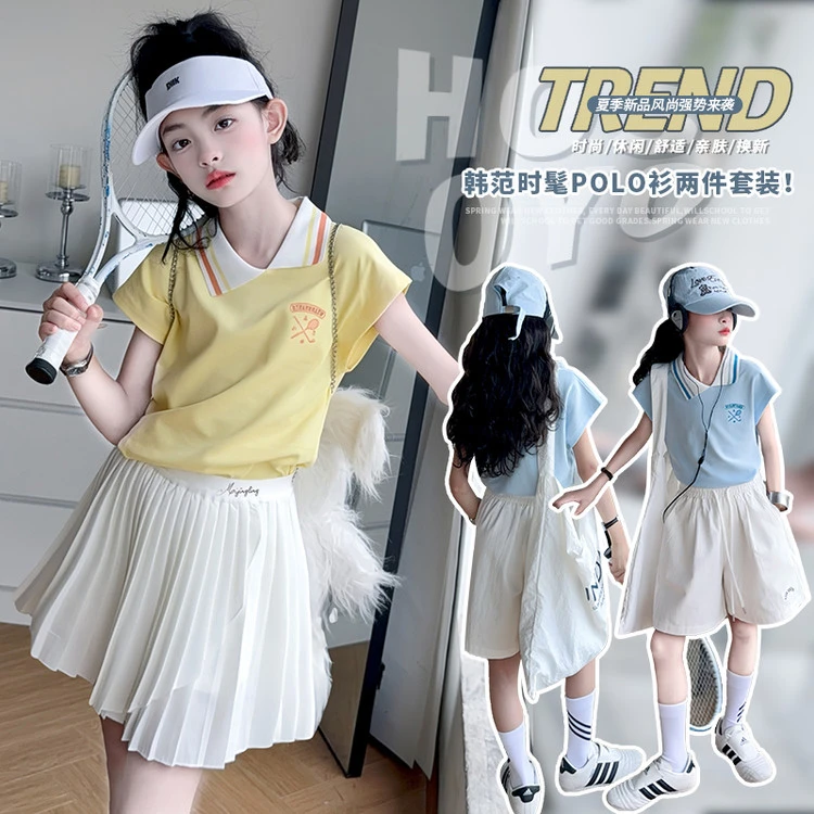 女童运动套装夏季新款中大童POLO衫短裤两件套学院风百褶裙休闲服