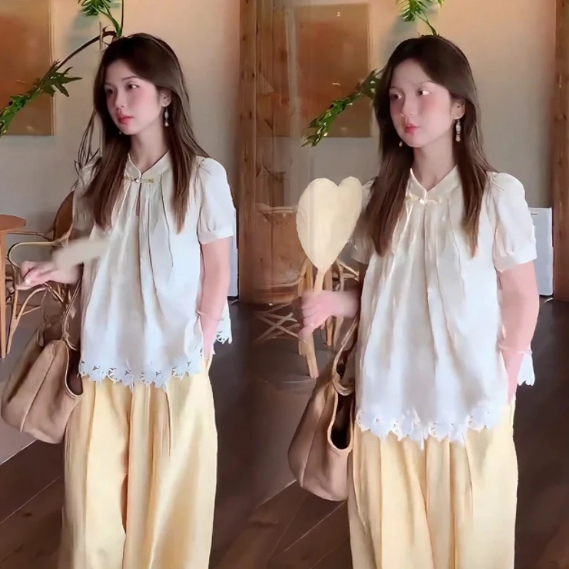 山茶梨香夏季新中式气质时尚套装马甲无袖上衣高腰阔腿裤子两件套