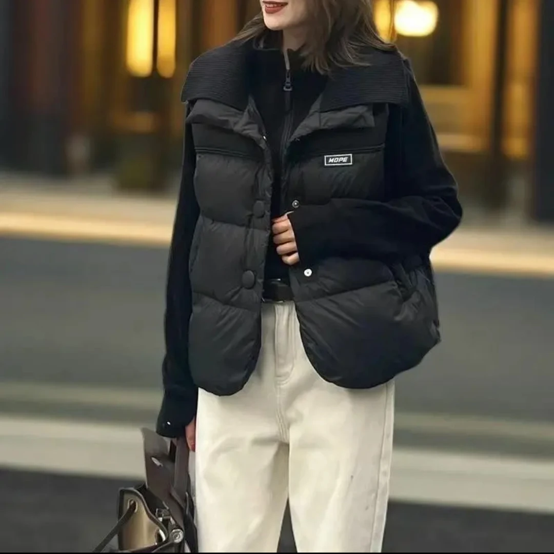 AN828秋冬新款气质百搭针织拼接领女士棉马甲保暖舒适无袖坎肩