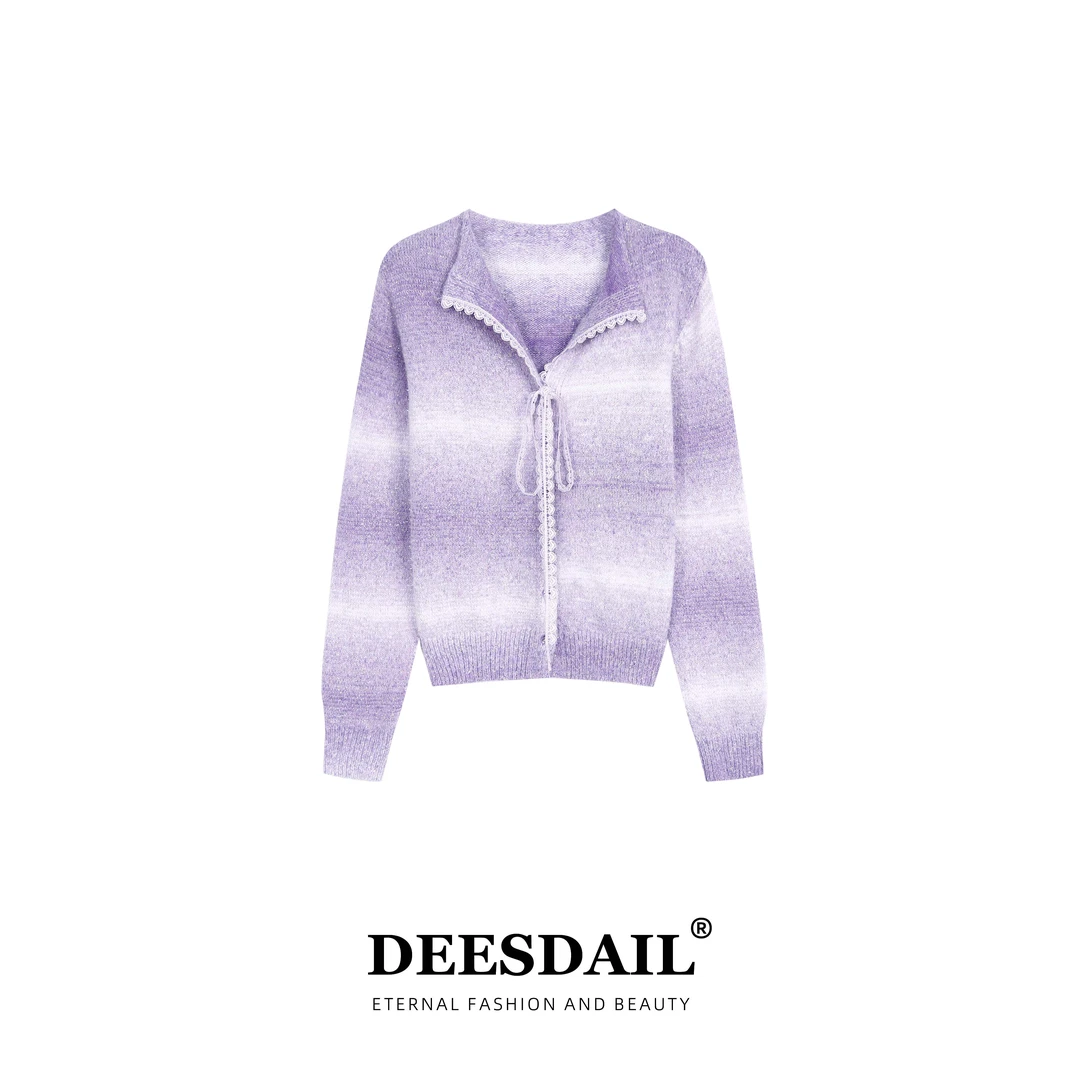 Deesdail冬紫色渐变绑带开衫毛衣显瘦百搭针织衫女A565/A564