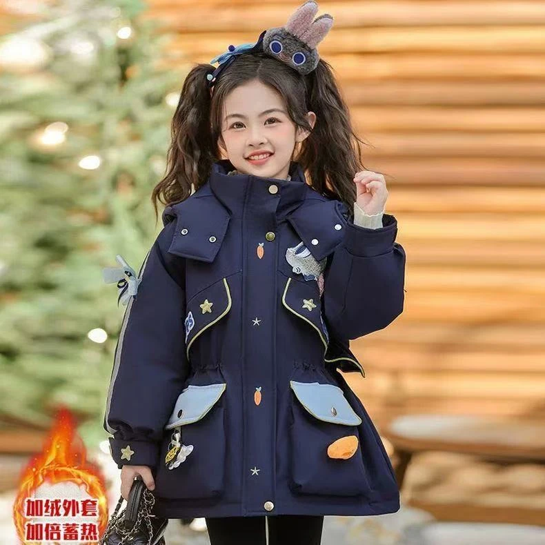 女童棉服冬季加厚外套2024新款大童儿童冬季兔子警官派克服