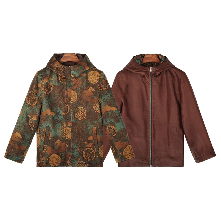 88986 男士双层双面连帽加厚外套 桑蚕丝提花缎红云纱新中式上衣