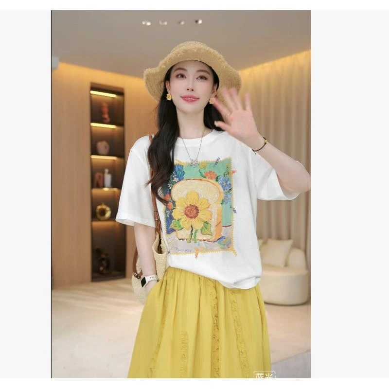【艺术油画】夏季显瘦时尚洋气新款小花图案短袖T恤35764女上衣