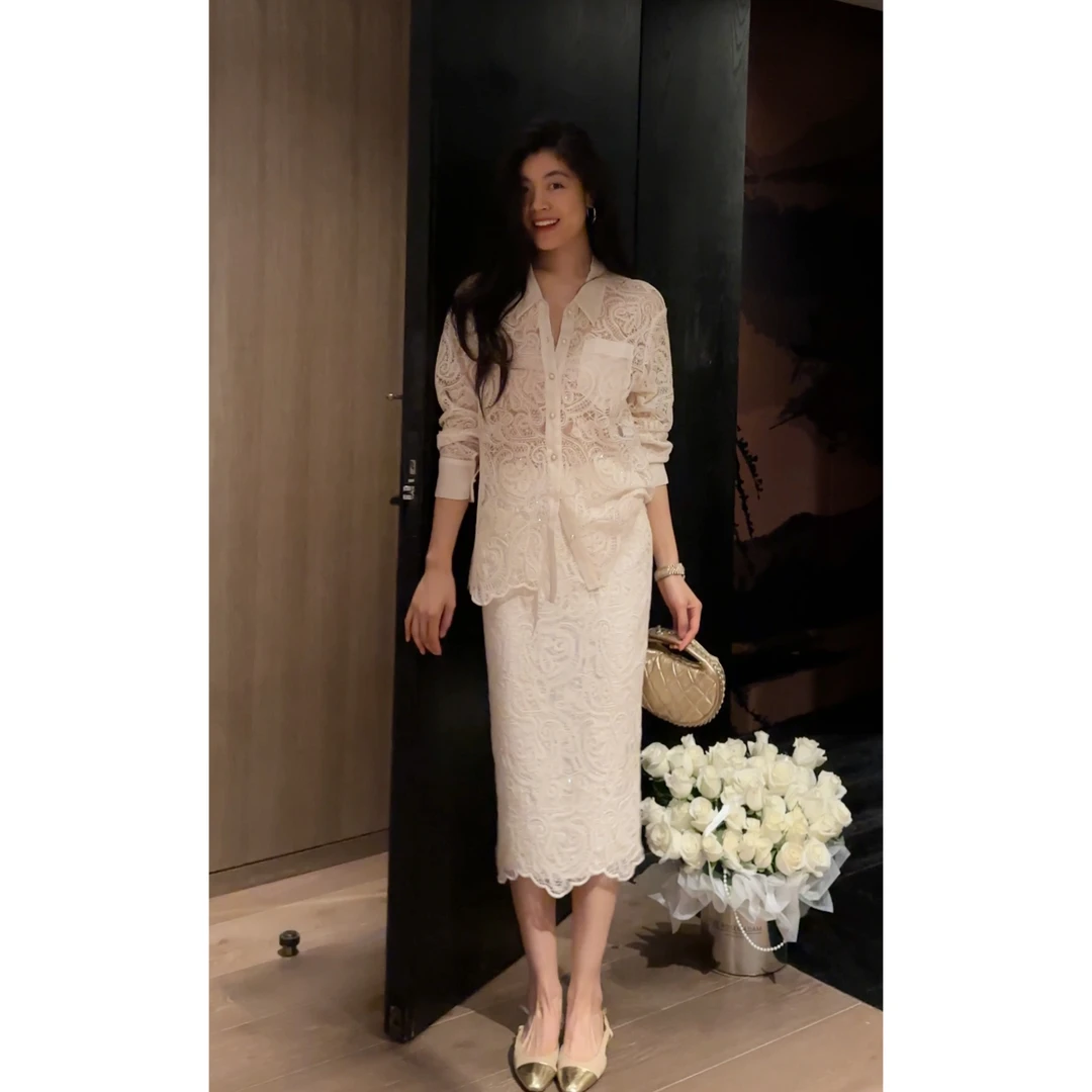 【N·COU】25夏新款【维纳斯】镂空蕾丝设计刺绣衬衫套装DY78986