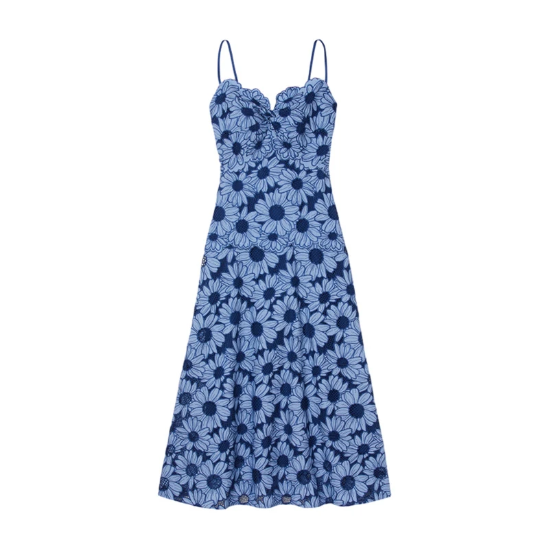 海边度假风收腰显瘦蓝色碎花吊带连衣裙女夏季0625