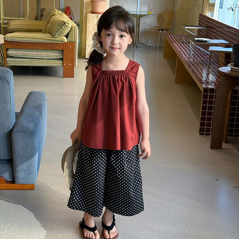 【依妈童品】女童气质小方领度假风清爽纯色无袖背心娃娃衫 25D051