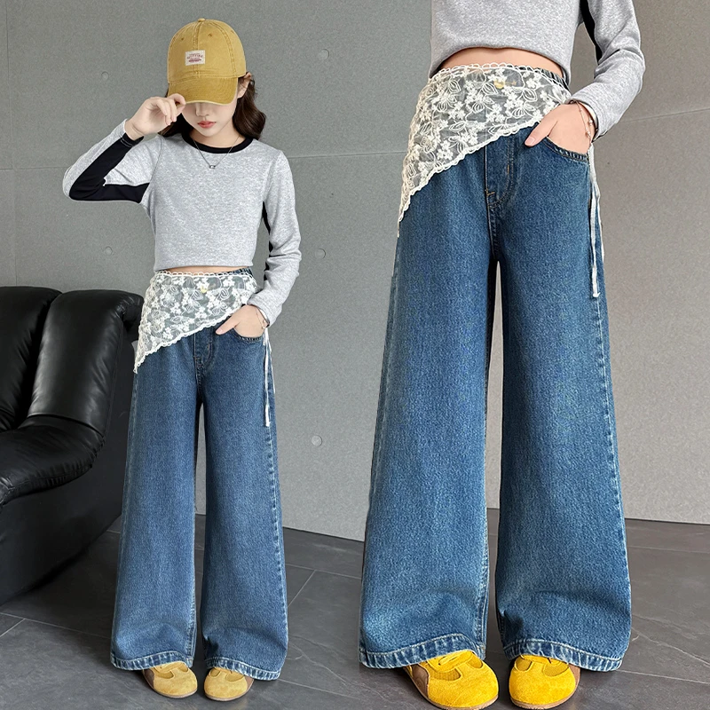 女童时尚屁帘裤子春秋2025新款韩系潮款牛仔裤中大童宽松直筒长裤