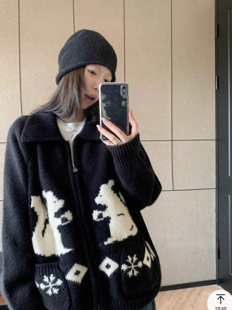 【厚版】韩系小松鼠提花毛衣女秋冬季宽松慵懒高级感ins针织开衫