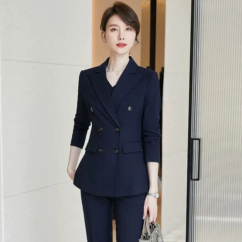 爆款秋冬职业装西装套装双排扣藏青色修身气质上班面试正装工作服