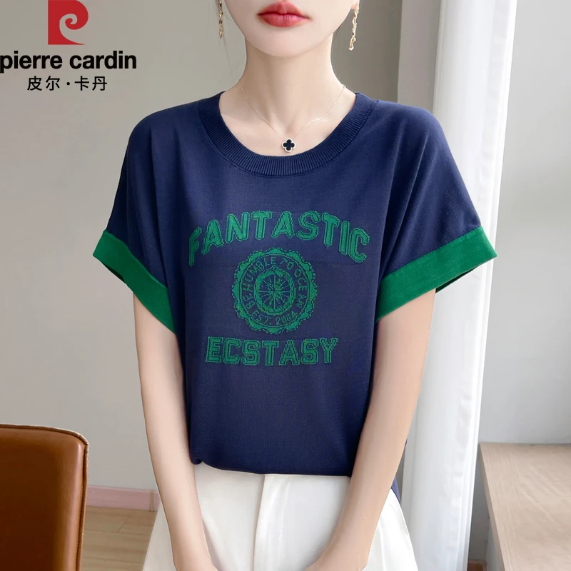 皮尔卡丹新款夏季圆领撞色字母短袖针织衫休闲百搭印花洋气薄款女