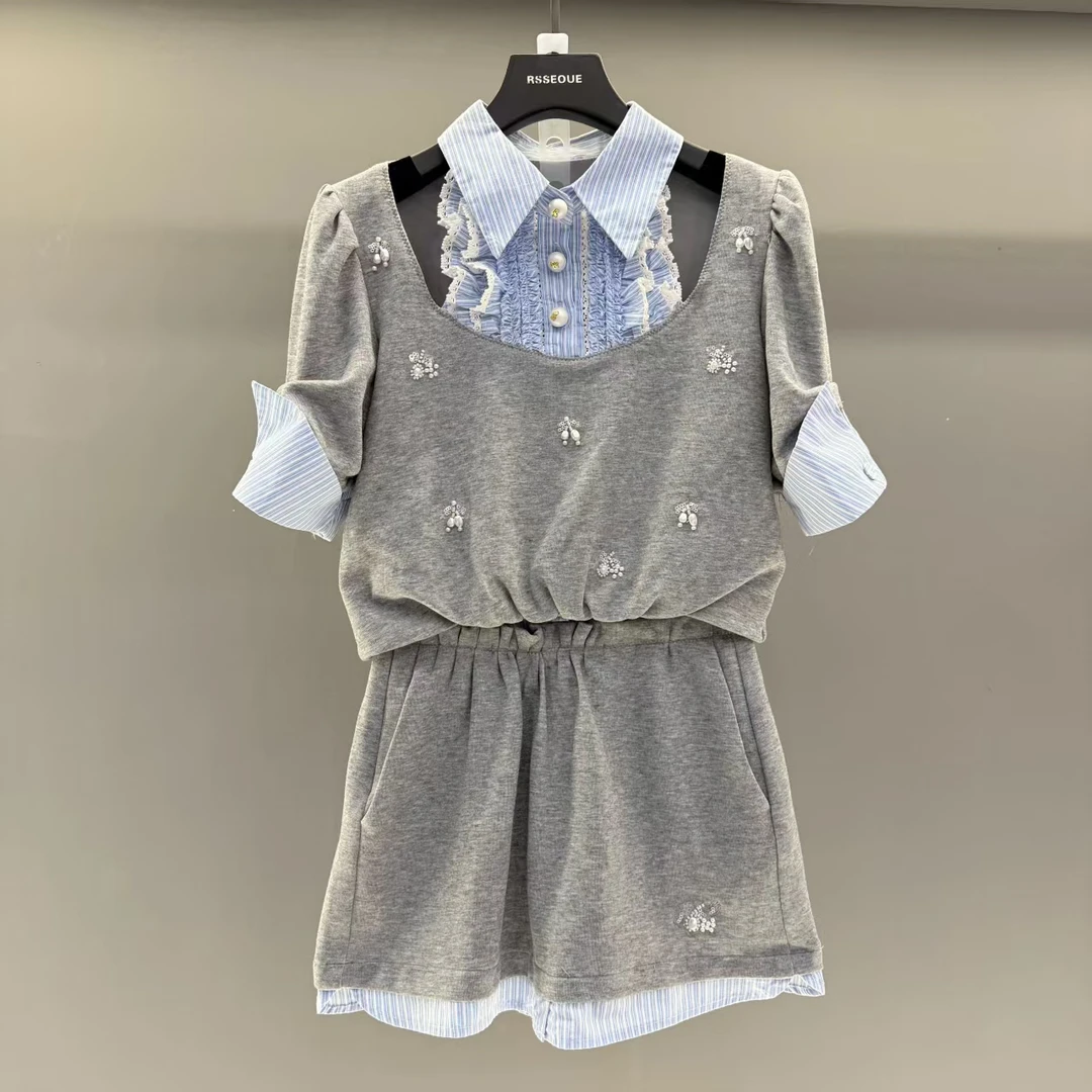 夏季新品法式小香风拼接钉珠假两件短袖T恤上衣女半身裙套装T9577