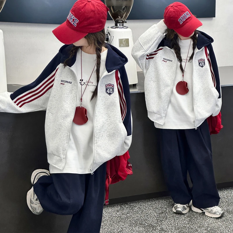 女童秋季学院风外套2025新款中大童休闲学生运动连帽开衫卫衣秋装