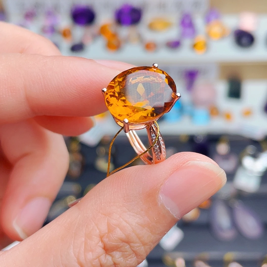 银S925镶嵌水晶珠宝半成品天然保真黄水晶戒指