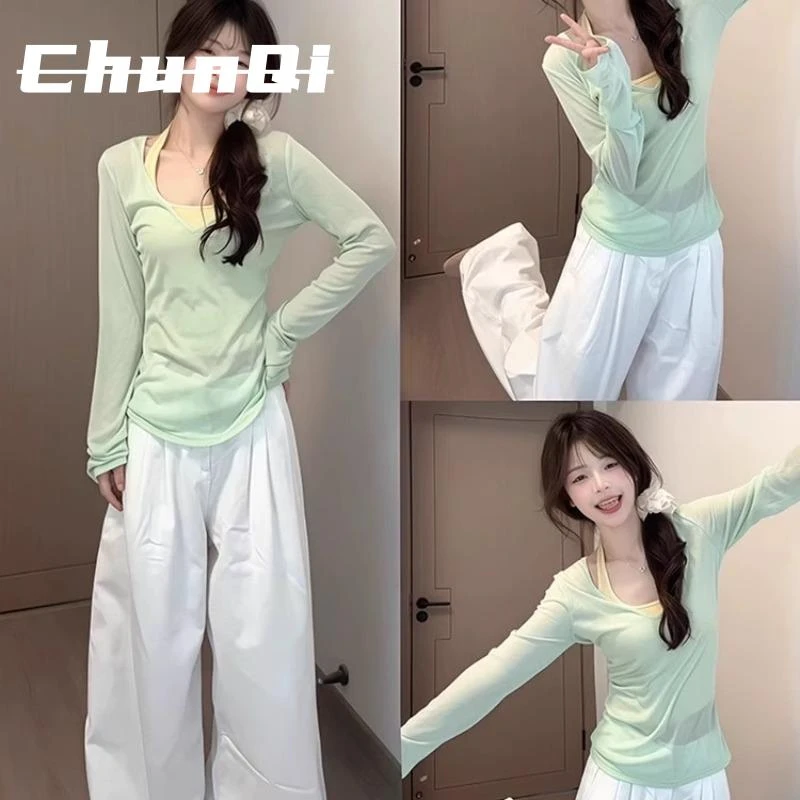 淳启防晒罩衫女新款春夏长袖t恤正肩宽松显瘦绿色上衣吊带两件套