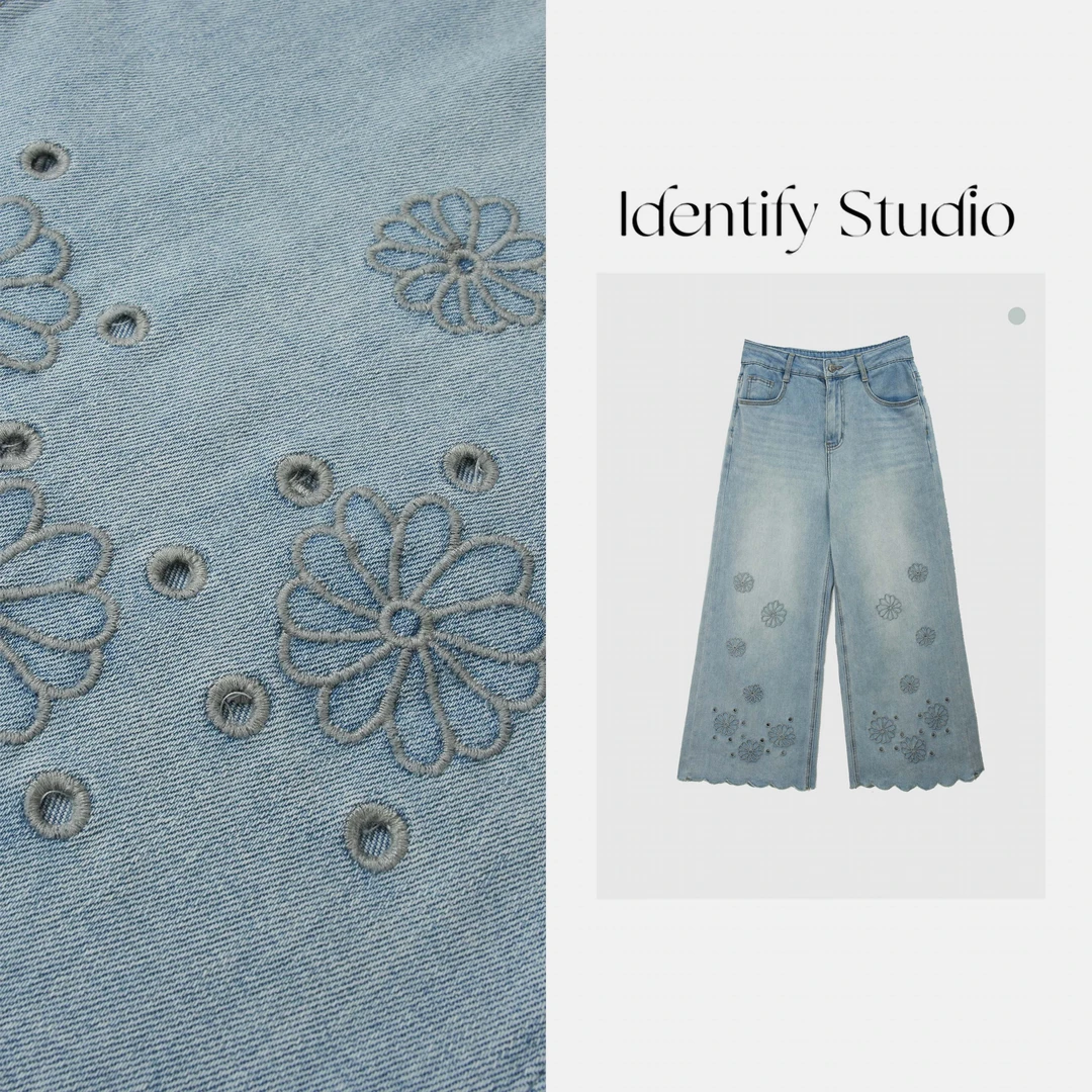 IDENTIFY“波浪牛仔”夏季新款休闲刺绣花朵牛仔九分裤KK06215 25SS