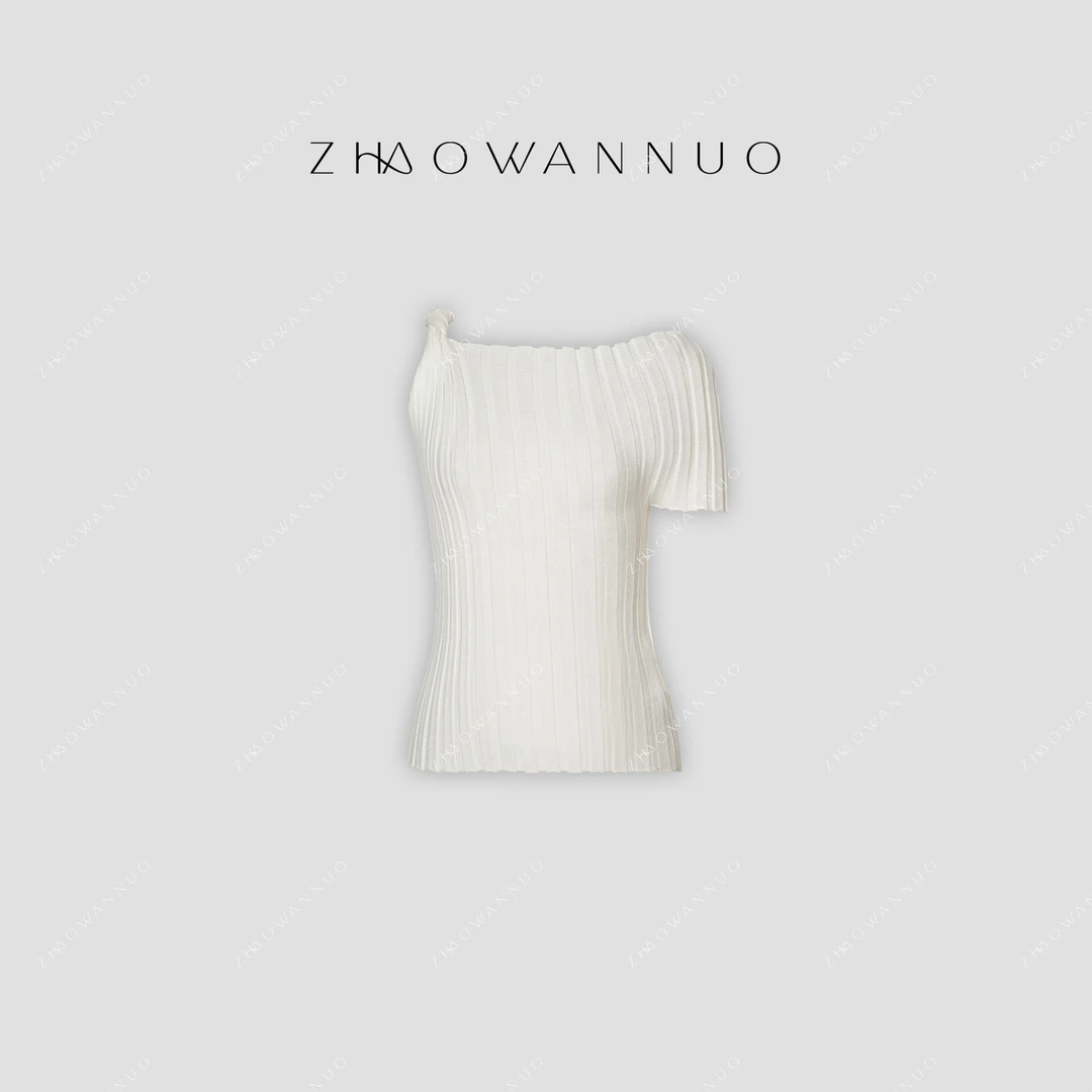 ZHAO WANNUO 丨25新款不对称斜肩坑条弹力针织上衣T恤NC0815